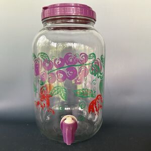 Vintage Sun Tea Jar Glass Gallon Dispenser Spigot Purple Lid Berries Decor